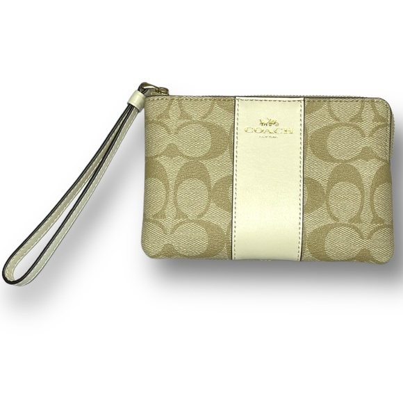 *NWT* Coach Signature PCV Leather Corner Zip Wristlet Color Light Khaki/Chalk - Picture 1 of 7
